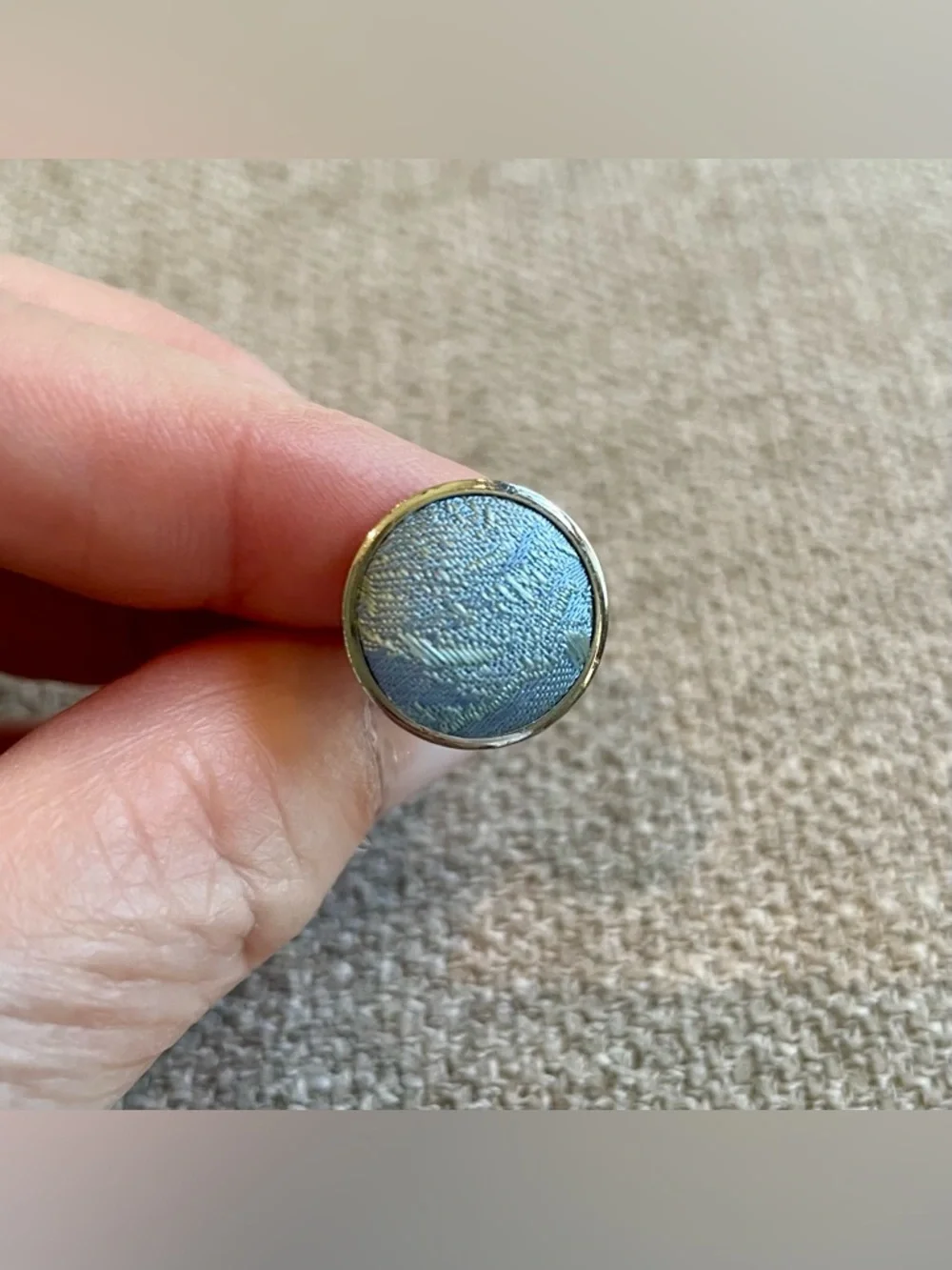 Silvertone Light Blue Brocade Fabric Round Cuff Links Men’s Formal Wedding Work